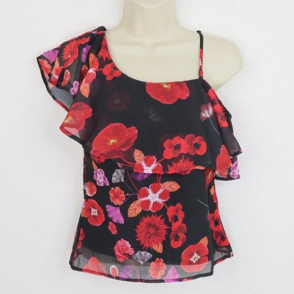 GUESS Womens Extra Small XS Red Flower Floral Ruffle Shoulder Tank Top Shirt - Picture 8 of 9